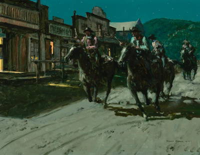 Donald Teague American, 1897-1991 Comprehensive Sketch: Donald Teague American, 1897-1991 Comprehensive Sketch for "Night Raid" Signed Donald Teague N. A. (lr); signed Donald Teague N. A. and inscribed as titled on the reverse Oil on Masonite 14 x 18 inche