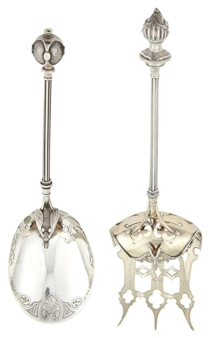 Two George Sharp Silver Hooded Servers 1860s Each with: Two George Sharp Silver Hooded Servers 1860s Each with a ball finial, comprising a serving spoon with applied bee and a serving fork with applied ram's mask. Length of larger 11 1/4 inches, total appr