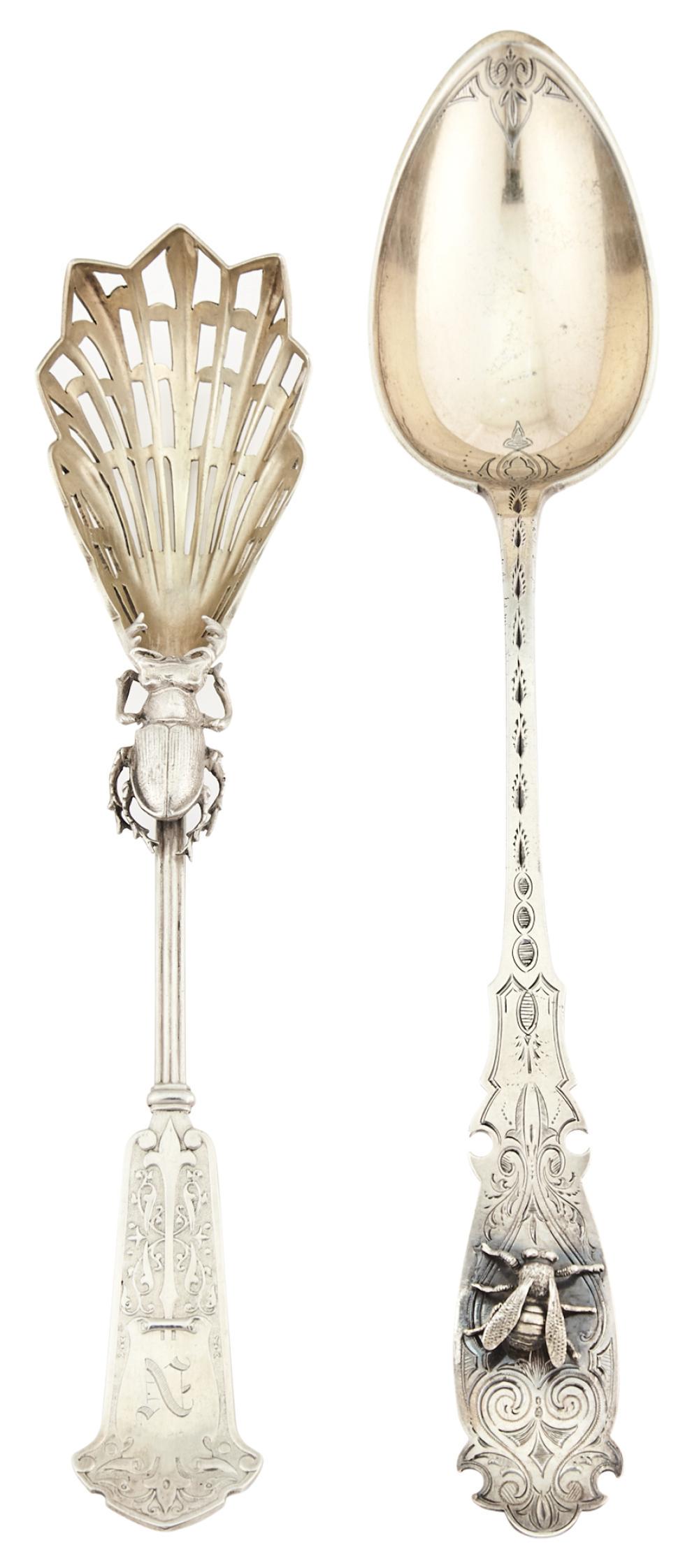 Two George Sharp Partial Gilt Sterling Silver Serving: Two George Sharp Partial Gilt Sterling Silver Serving Spoons One retailed by Bailey & Co., 1860s The first with handle applied with a cast scarab beetle, with a pierced bowl, the second shaped handle