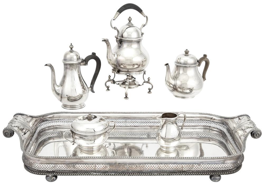 Assembled Tiffany & Co. Sterling Silver Tea and Coffee: Assembled Tiffany & Co. Sterling Silver Tea and Coffee Service Charles and Richard Comyns for Tiffany, London, 1934 Comprising a teapot, coffee pot, cream jug, covered sugar bowl and kettle on stand,