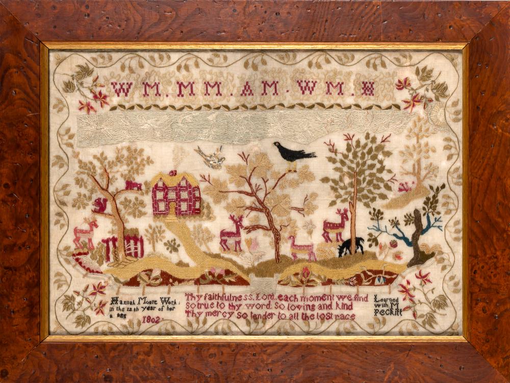 Needlework Sampler Worked by Hanna Moore, 1802, (1 of 2)