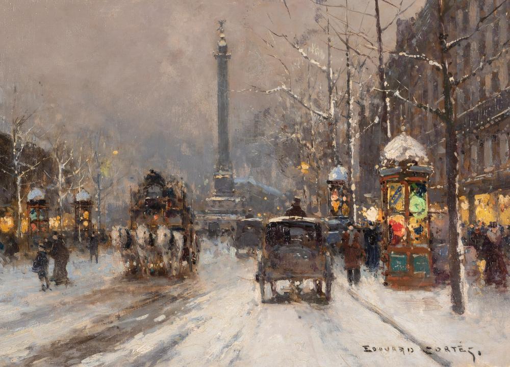 Edouard Leon Cortes French, 1882-1969 Place de la: Edouard Leon Cortes French, 1882-1969 Place de la Bastille in Winter Signed Edouard Cortes. (lr); inscribed 3770 and stamped with copyright statement on the reverse Oil on canvas 13 x 18 inches (33 x