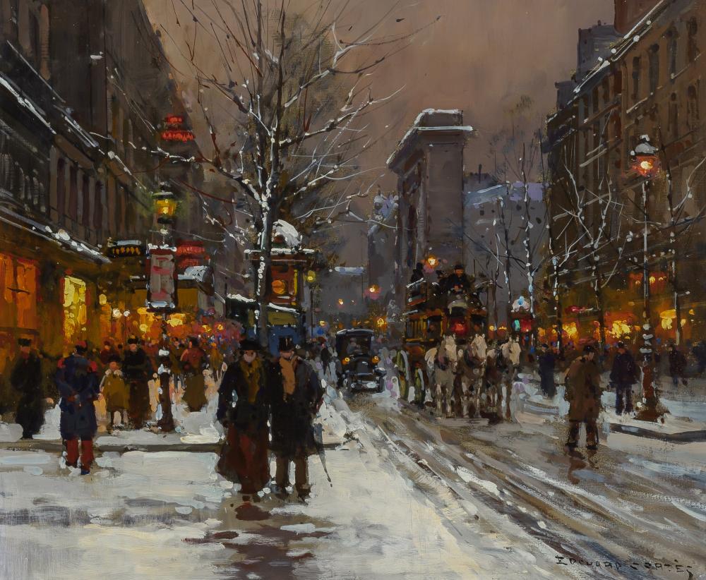 Edouard Leon Cortes French, 1882-1969 Porte: Edouard Leon Cortes French, 1882-1969 Porte Saint-Denis, Snow Signed Edouard Cortes (lr); inscribed 44665 and stamped with copyright statement on the reverse Oil on canvas 18 x 22 inches (45.7 x 55.9