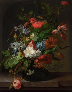 Circle of Rachel Ruysch Floral Still Life on a Ledge: Circle of Rachel Ruysch Floral Still Life on a Ledge Oil on canvas 27 x 21 1/2 inches (68.6 x 54.7 cm) C