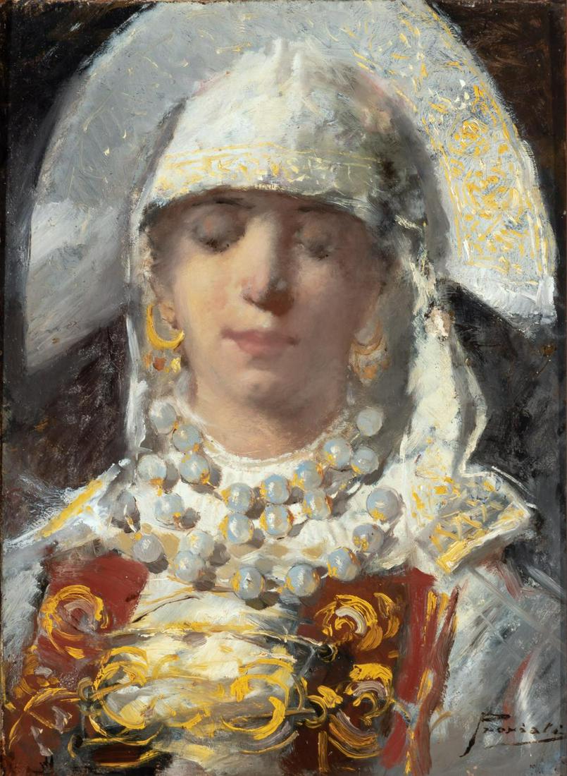 Gaetano Previati Italian, 1852-1920 Donna in Costume: Gaetano Previati Italian, 1852-1920 Donna in Costume Lombardo (Woman in Lombard Folk Costume) Signed Previati (lr) Oil on canvas laid to board 20 3/4 x 15 3/8 inches (52.7 x 39 cm) Provenance: Galller