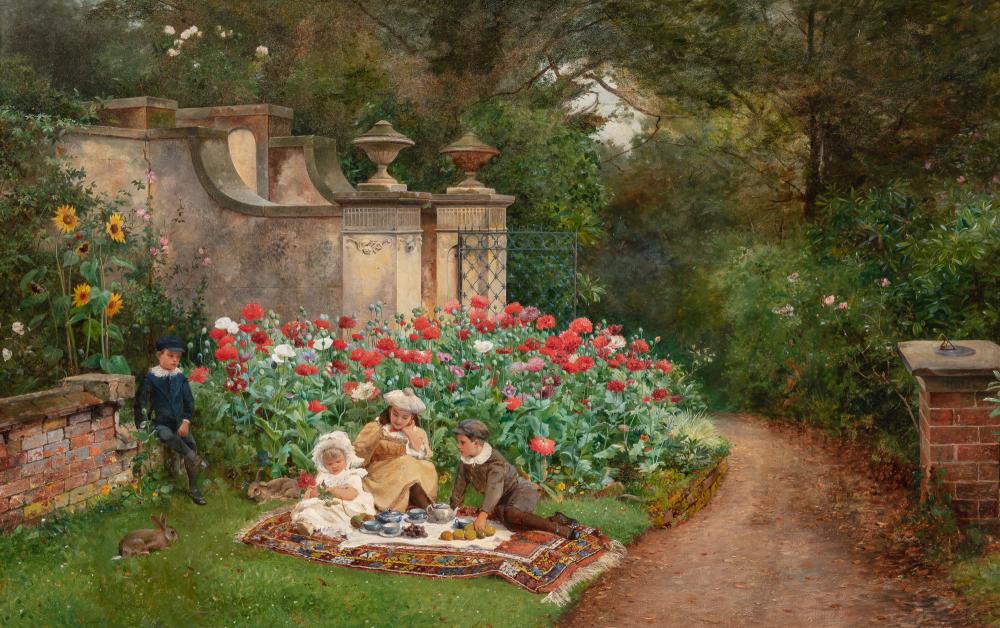 David Bates English, 1840-1921 In the Garden of Holly: David Bates English, 1840-1921 In the Garden of Holly Mount, Malvern Signed David Bates and dated 1883 (lr); Inscribed on the reverse In the Garden of Holly Mount, Malvera [sic] /The residence of the