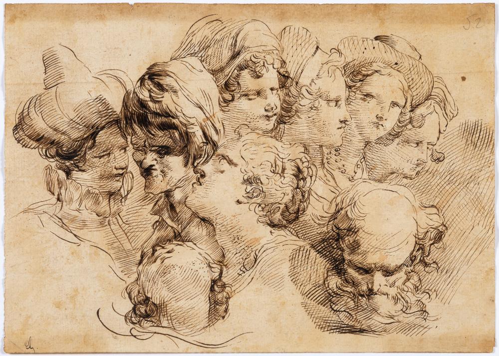 Attributed to Gaetano Gandolfi Study of Nine Heads: Attributed to Gaetano Gandolfi Study of Nine Heads Initialed indistinctly (ll) and inscribed 52 (ur); initialed on the reverse Brown ink on paper 7 1/4 x 10 inches (18.4 x 25.4 cm) Unframed C