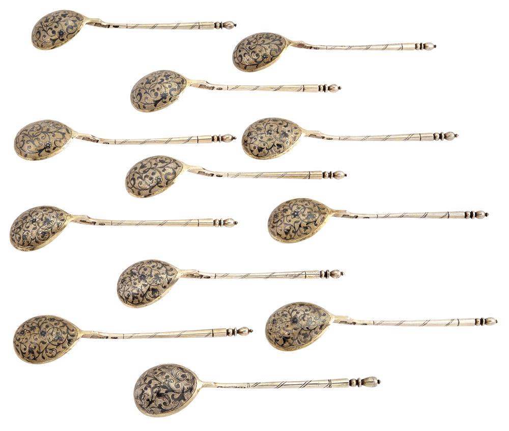 Set of Twelve Russian Silver-Gilt and Niello Teaspoons (1 of 4)