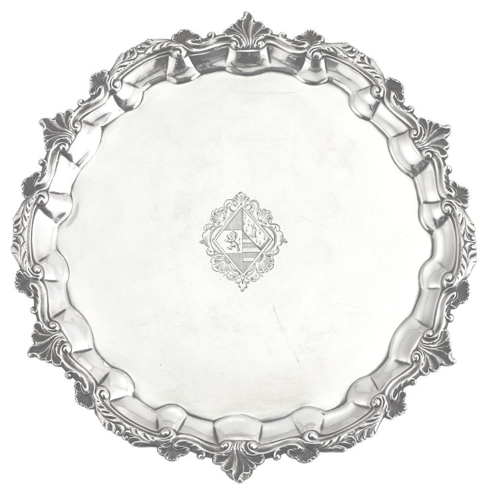 George III Scottish Sterling Silver Salver: George III Scottish Sterling Silver Salver Robert Gray & Son, Edinburgh, 1815 Shaped circular with shell and foliate border, raised on three foliate scroll feet. Diameter 12 3/4 inches (32 cm), approx