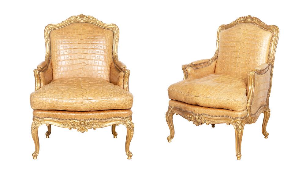 Pair of Louis XV Style Alligator-Upholstered Giltwood (1 of 7)