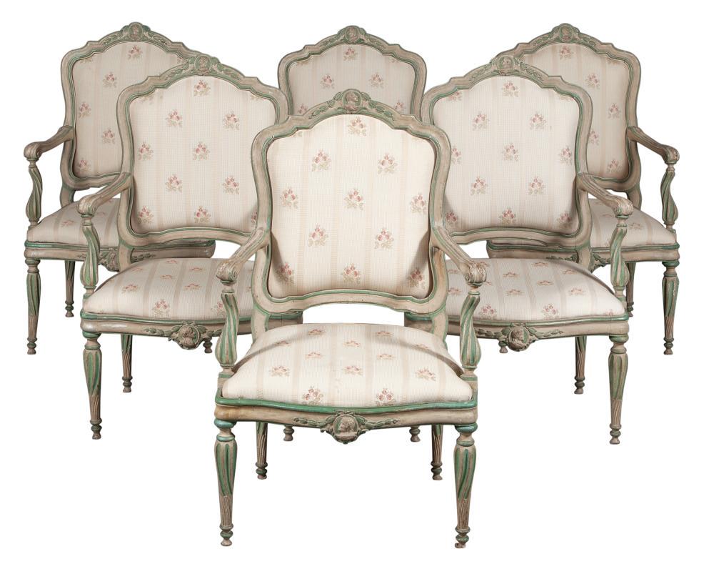 Set of Six Gustavian Green and White-Painted Armchairs (1 of 5)