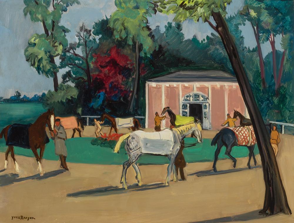 Yves Brayer French, 1907-1990 Promenade des Chevaux,: Yves Brayer French, 1907-1990 Promenade des Chevaux, Auteuil, 1956 Signed YVES BRAYER (ll); signed, inscribed and dated AUTEUIL 1956 on the reverse Oil on canvas 19 11/16 x 25 7/8 inches (50 x 65.6 cm