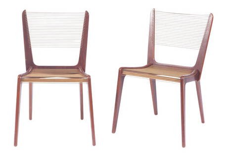 Pair of Jacques Guillon Laminated Wood and Nylon Cord: Pair of Jacques Guillon Laminated Wood and Nylon Cord Chairs For Jacques S. Guillon, 1950s Height 32 inches, width 18 1/4 inches, depth 18 inches. C Property from the Estate of Jacqueline Loewe Fowler