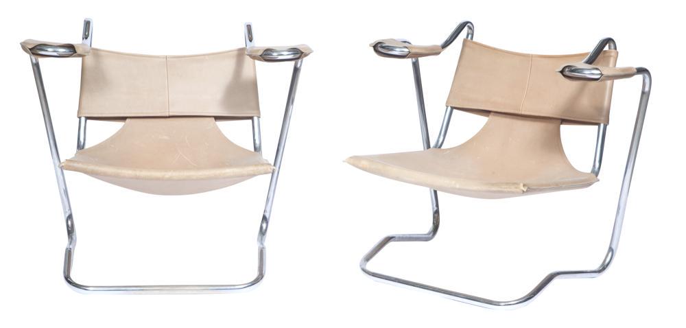 Pair of Tubular Chromed Metal and Tan Leather Armchairs: Pair of Tubular Chromed Metal and Tan Leather Armchairs 1960s Height 27 inches, width 32 1/4 inches, depth 25 inches. C Property from the Estate of Jacqueline Loewe Fowler