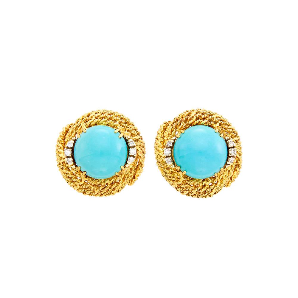 Pair of Gold, Turquoise and Diamond Earclips (1 of 2)
