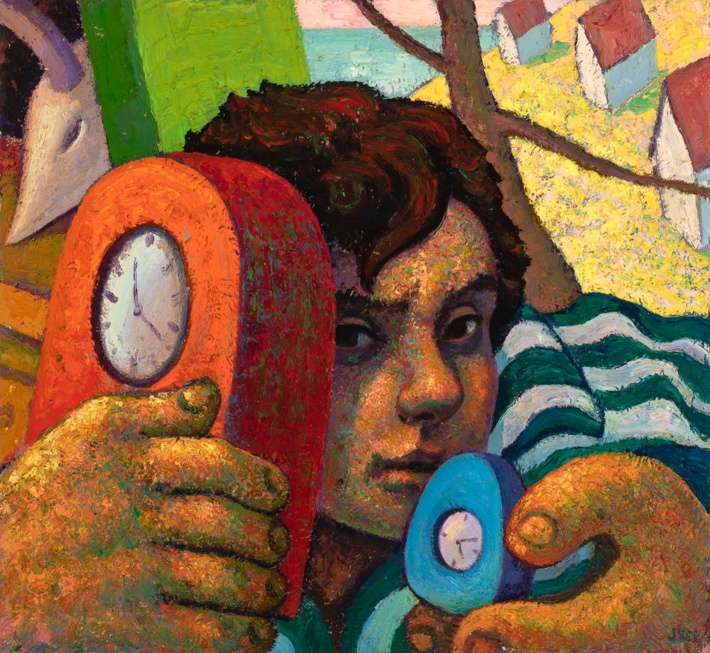 Robert Jessup American, b. 1952 Man Between Two Times,: Robert Jessup American, b. 1952 Man Between Two Times, 1999 Signed JSSP (lr); signed Robert Jessup, dated 1999 and inscribed as titled on the reverse Oil on canvas 24 x 26 inches Unframed C Estate of