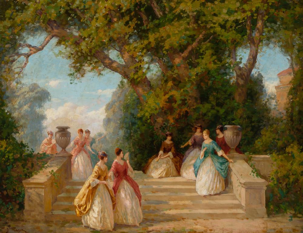 Joseph Tomanek American, 1889-1974 Ladies Gathering by: Joseph Tomanek American, 1889-1974 Ladies Gathering by a Staircase Signed F. Tomanek (lr) Oil on canvas 28 1/4 x 36 inches C