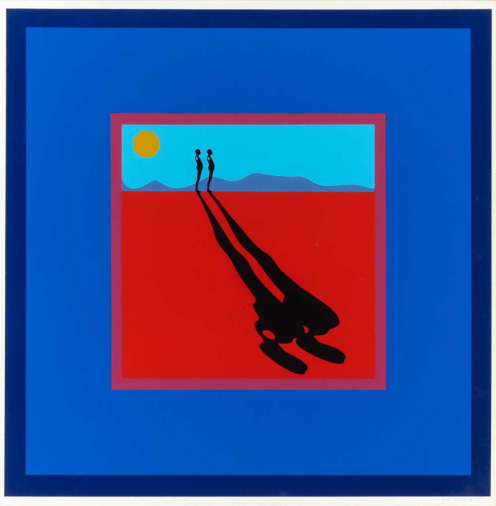 Ernest Trova [FIGURES IN LANDSCAPE] Color screenprint: Ernest Trova (1927-2009) [FIGURES IN LANDSCAPE] Color screenprint, 1971, signed and dated in pencil, with full margins, framed. Image 23 x 23 inches; 584 x 584 mm. Frame 24 1/2 x 24 1/2 inches; 622 x