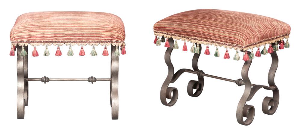 Pair of Velvet-Upholstered Wrought-Iron Stools (1 of 3)