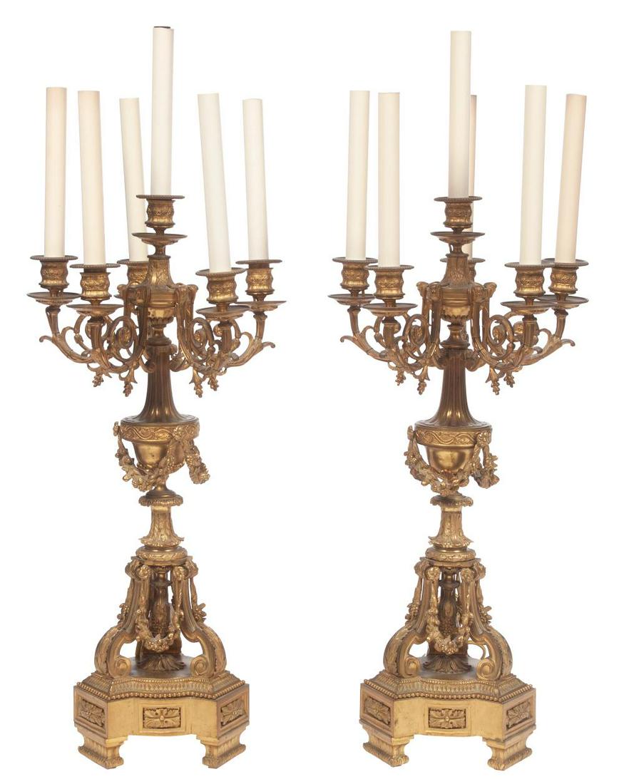Pair of Louis XVI Style Gilt-Metal Six-Light Candelabra: Pair of Louis XVI Style Gilt-Metal Six-Light Candelabra Lamps Height 24 inches. C