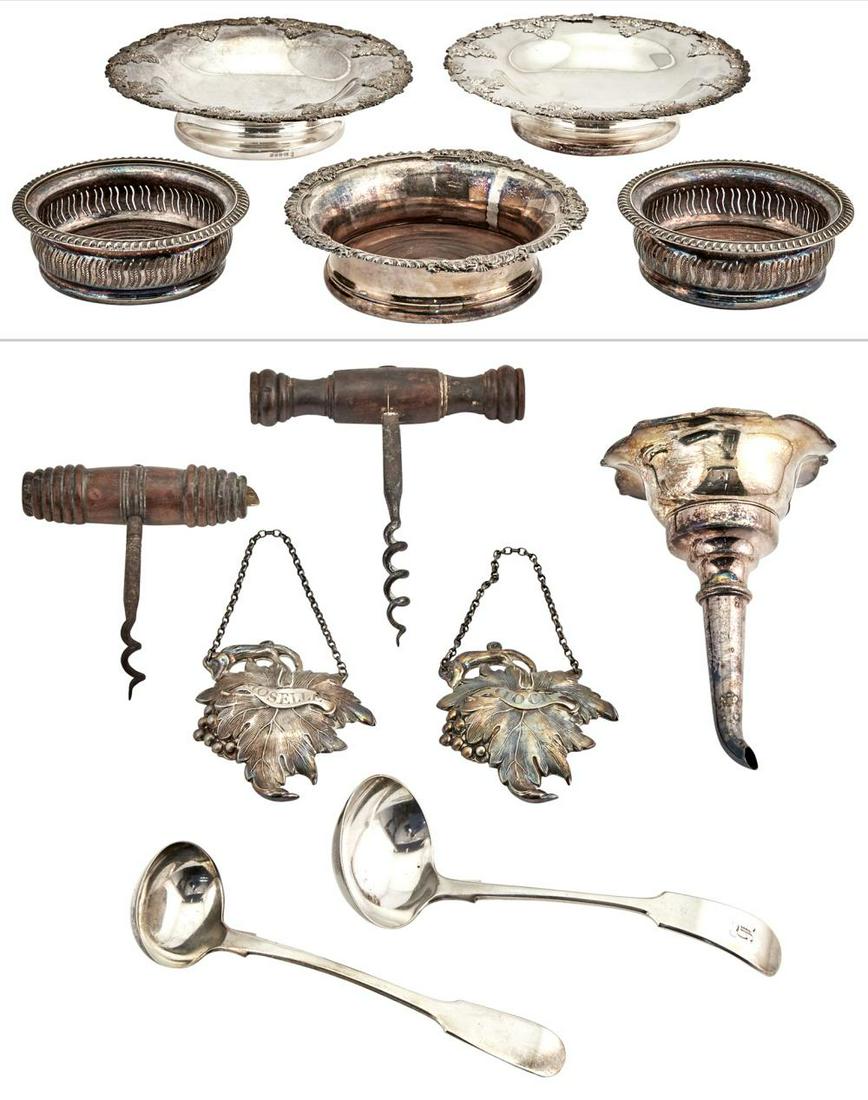Group of Silver and Silver Plated Wine Related Items: Group of Silver and Silver Plated Wine Related Items Comprising three bottle coasters with wood bases; two wood-handled metal cork screw bottle openers; pair of low compotes, weighted, height 2 inches