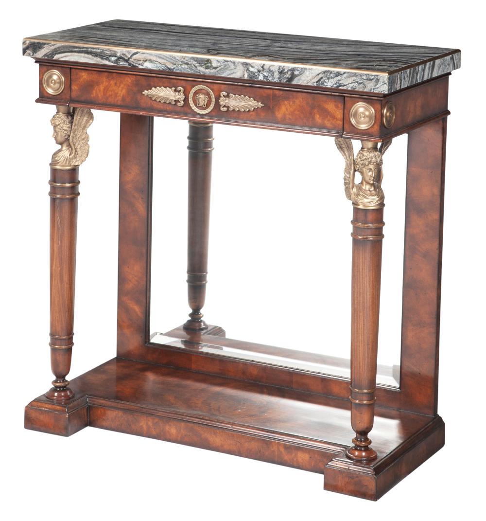 Empire Style Mahogany and Brass-Mounted Marble Top: Empire Style Mahogany and Brass-Mounted Marble Top Console Table by Theodore Alexander After a model by Jacob Frères. Height 37 1/2 inches, width 36 inches, depth 16 1/2 inches. C