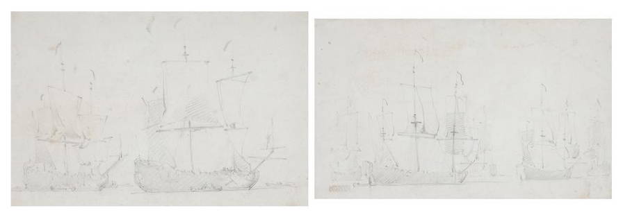 Willem van de Velde the Younger Dutch, 1633-1707 Dutch: Willem van de Velde the Younger Dutch, 1633-1707 Dutch Frigates in a Calm Sea and Dutch Shipping in a Calm Sea: two drawings The first signed with monogram (ll), the second indistinctly inscribed (ll)