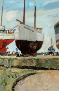 Rene Genis French, 1922-2004 Chantier a Concarneau: Rene Genis French, 1922-2004 Chantier a Concarneau Signed Rene Genis (lr); signed Rene Genis and inscribed as titled on the reverse Oil on canvas 32 x 21 1/4 inches (81.3 x 54 cm) Provenance: Findlay