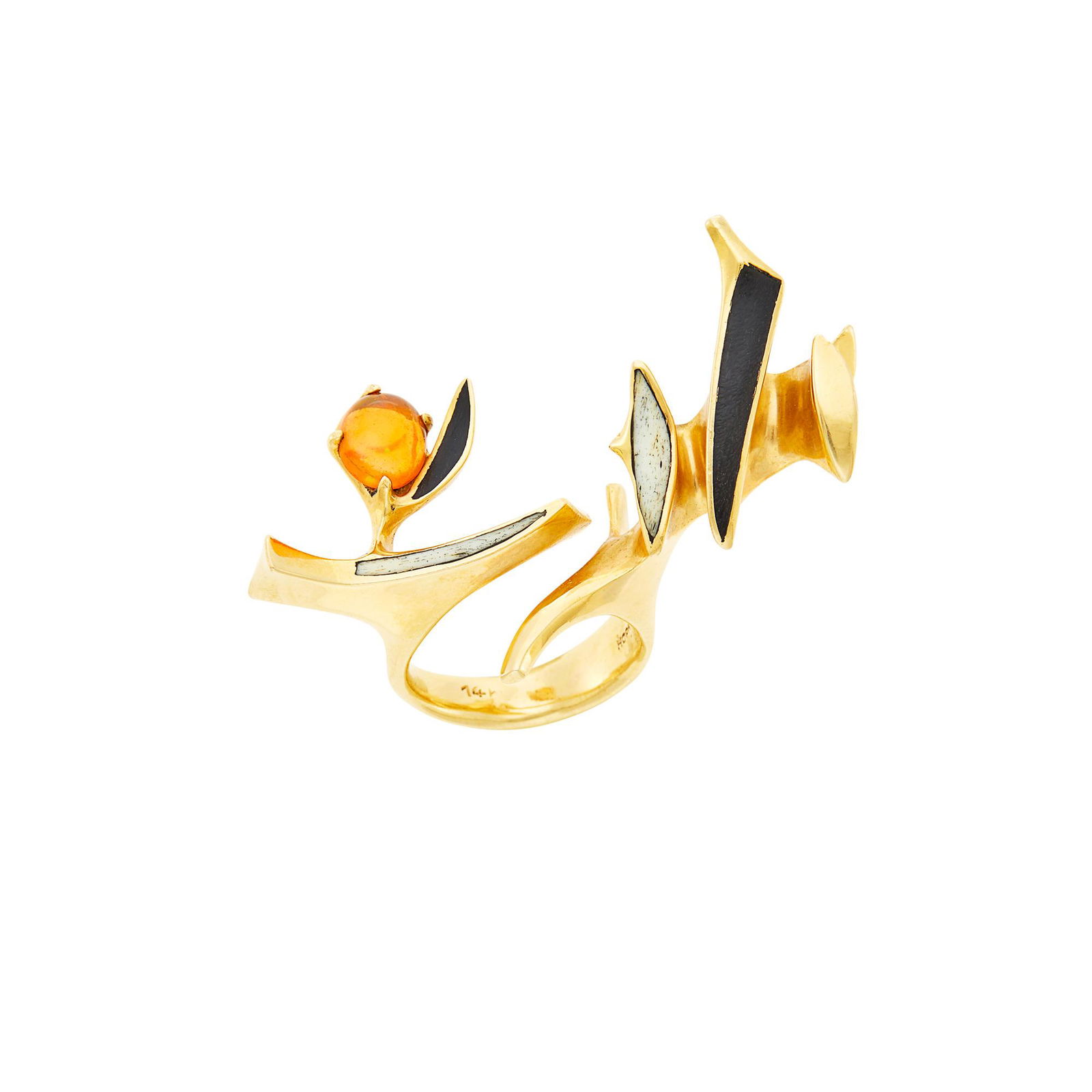 Jack Rogers Hopkins Mid-Century Gold and Gem-Set: Jack Rogers Hopkins Mid-Century Gold and Gem-Set Sculptural Ring 14 kt., of stylized branch motif, set with one oval cabochon jelly opal, with tapered bone and ebony accents, signed Hopkins, c.1970's,