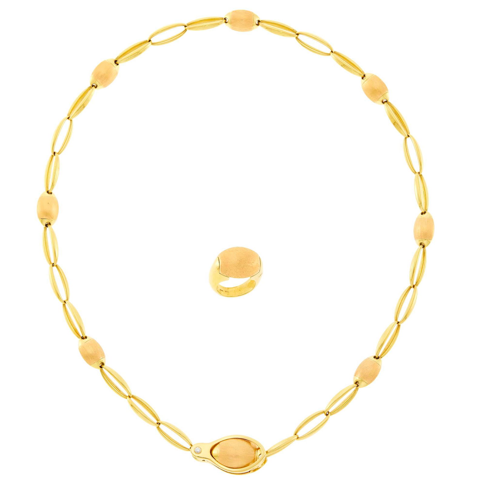 Chimento Two-Color Gold Chain Necklace and Ring: Chimento Two-Color Gold Chain Necklace and Ring 18 kt., composed of brushed oval rose gold links capped by polished gold, joined by polished elongated oval gold links, completed by a large brushed ova