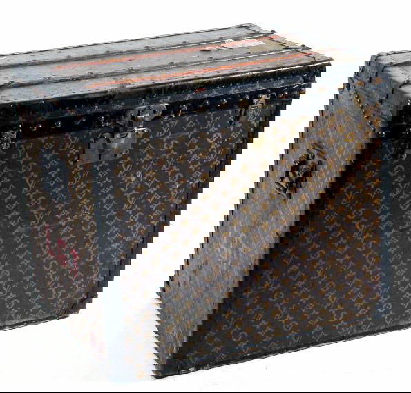 Louis Vuitton Trunk: Louis Vuitton Trunk LV stamped canvas, wood band trim, leather at edges, brass hardware, studs and handles, lock 038614, LGT and NY in red paint both ends, linen interior, 23 1/2 x 18 1/5 x 20 1/4 in