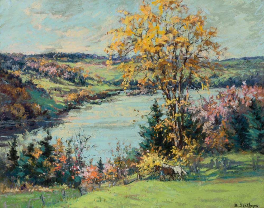 Berthe Des Clayes Canadian, 1877-1968 The St. Francis: Berthe Des Clayes Canadian, 1877-1968 The St. Francis River: Melbourne Signed B. Des Clayes (lr) Pastel on paper 13 1/4 x 16 1/2 inches Provenance: Watson Art Galleries, Montreal C