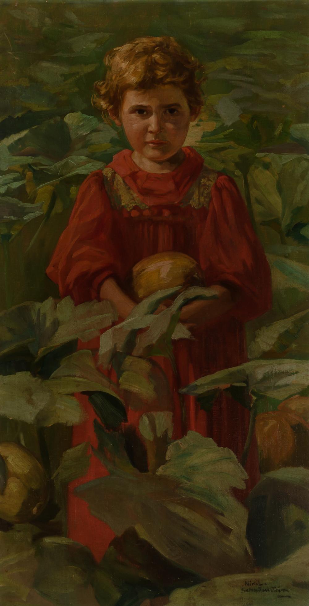 Nikol Schattenstein Russian/American, 1877-1954 Young: Nikol Schattenstein Russian/American, 1877-1954 Young Girl in a Garden Signed Nikol Schattenstein (lr) Oil on canvas laid to Masonite 38 1/4 x 20 1/8 inches C