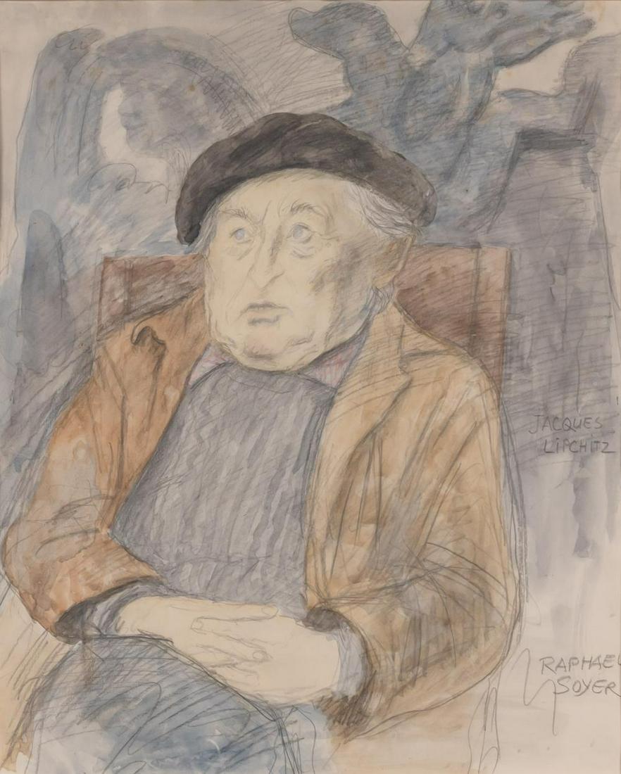 Raphael Soyer American, 1899-1987 Portrait of Jacques: Raphael Soyer American, 1899-1987 Portrait of Jacques Lipchitz Signed RAPHAEL SOYER (lr); inscribed JACQUES LIPCHITZ (cr) Watercolor and pencil on paper 18 1/2 x 15 1/4 inches C