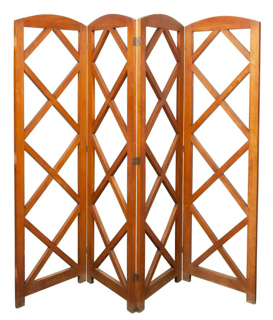 Stained Wood Four-Fold Lattice Floor Screen (1 of 3)