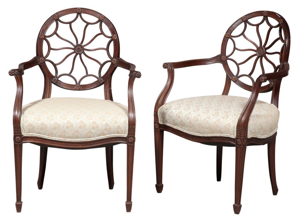 Pair of George III Style Mahogany Armchairs: Pair of George III Style Mahogany Armchairs Height 36 inches, width 24 1/4 inches, depth 19 inches. C