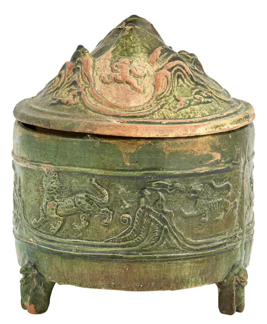 A Chinese Han-Dynasty Green Glazed Pottery 'Mountain': A Chinese Han-Dynasty Green Glazed Pottery 'Mountain' Censer and Cover Height 10 inches. C