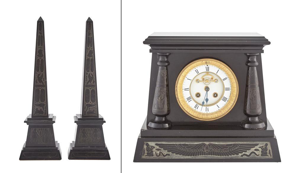 Egyptian Revival Black Marble Three-Piece Clock (1 of 7)