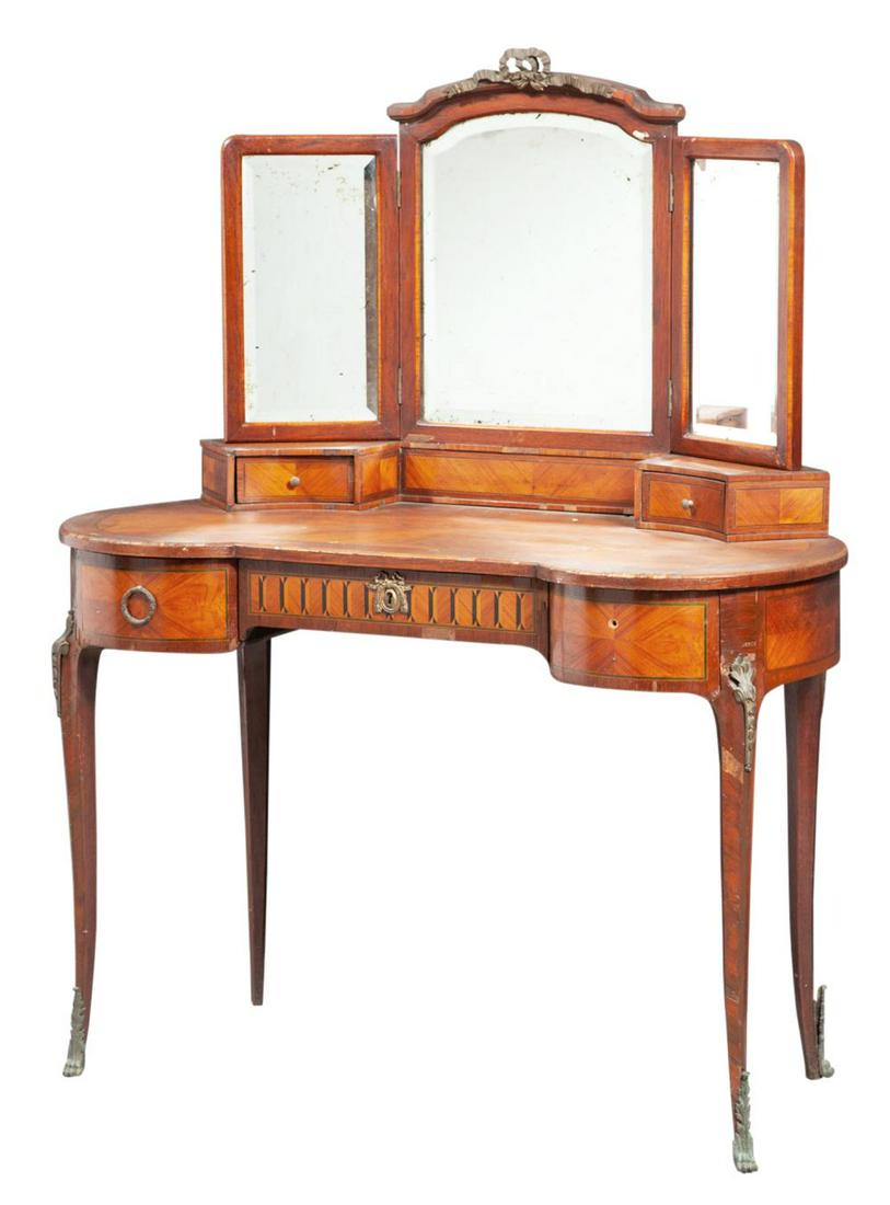 Late Louis XV Style Tulipwood Parquetry Dressing Table: Late Louis XV Style Tulipwood Parquetry Dressing Table and Mirror Height 55 inches, width 44 inches, depth 22 inches. C