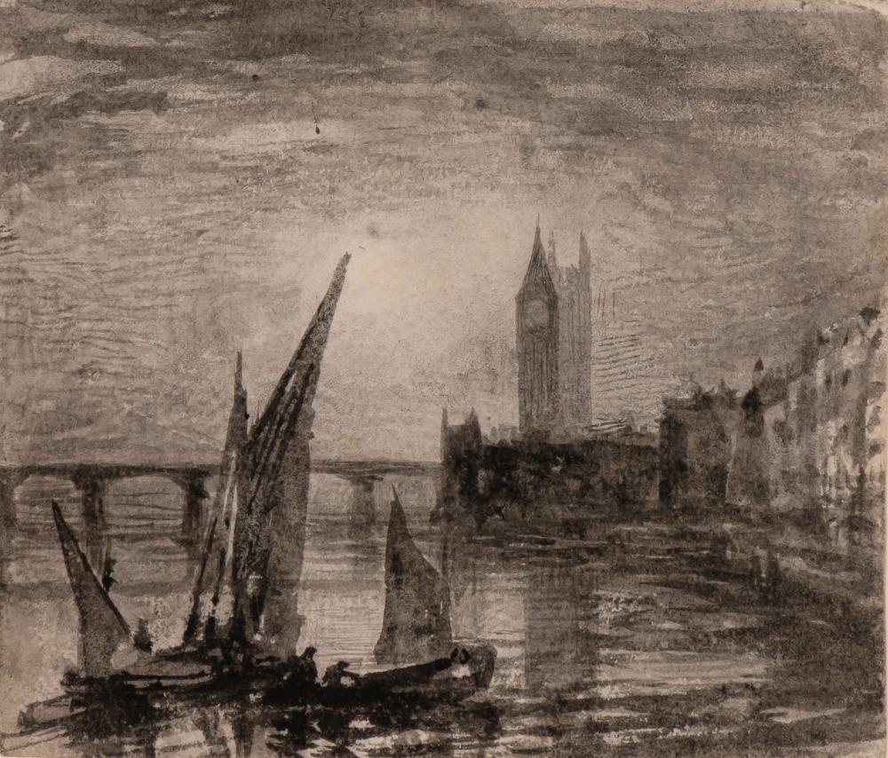Sir William Blake Richmond, R. A. British, 1842-1921: Sir William Blake Richmond, R. A. British, 1842-1921 Moonlight on the Thames at Westminster (recto); and Study of a Bird's Skull (verso) Black and gray wash on paper (recto); and ink on paper (verso)