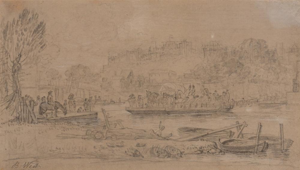 Benjamin West, PRA American, 1738-1820 A Ferry on the: Benjamin West, PRA American, 1738-1820 A Ferry on the Thames at Windsor Signed B. West (ll) Graphite pencil with gray wash and touches of white chalk on buff laid paper 5 7/8 x 10 1/2 inches (15 x 28.