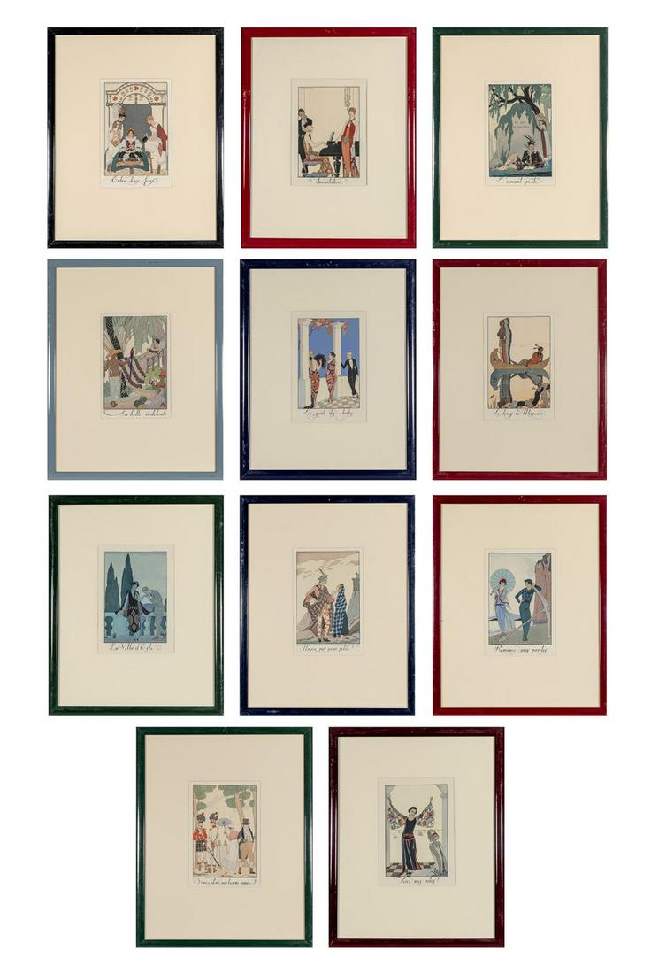 Georges Barbier [FASHION STUDIES] Eleven color: Georges Barbier (1882-1932) [FASHION STUDIES] Eleven color pochoirs, from Falbalas & Fanfreluches Almanach des Modes Presentes, Passees & Futures Pour 1923, published by Meynial, Paris, 1922, framed.