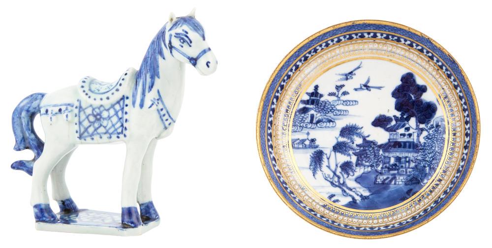 A Chinese Blue and White Porcelain Horse; Together with: A Chinese Blue and White Porcelain Horse Late Qing Dynasty Modeled as a standing, saddled horse on a flat base; together with a gilt decorated blue and white export saucer dish. Height 5 3/4 inches. C