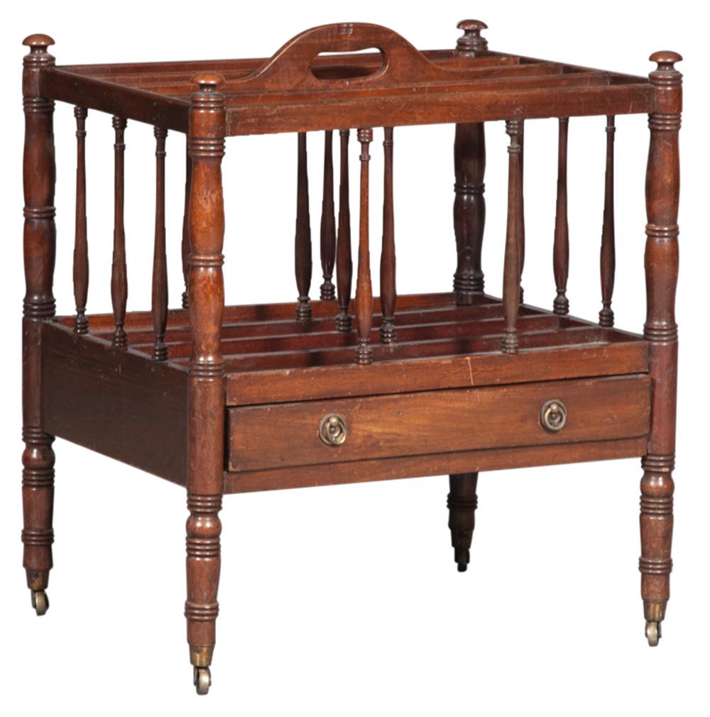 Late George III Mahogany Canterbury: Late George III Mahogany Canterbury Early 19th century With spindled sides above a frieze drawer, raised on turned legs, on casters. Height 20 inches (54.8 cm), width 18 inches (45.7 cm), depth 14 inc