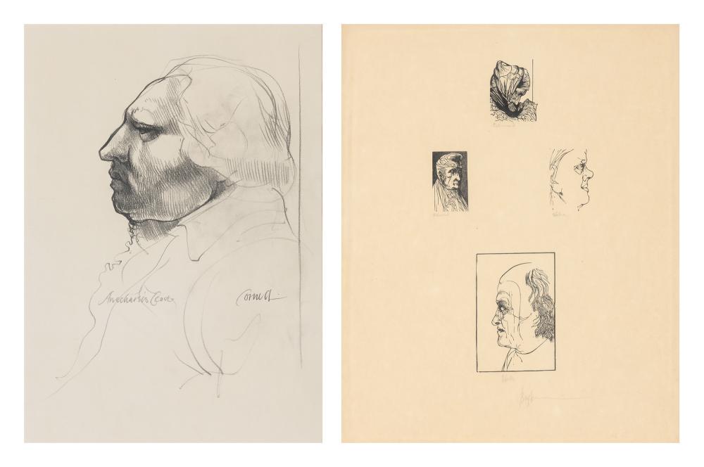 Thomas Cornell American, 1937-2012 Anacharsis Cloots: Thomas Cornell American, 1937-2012 Anacharsis Cloots Signed Cornell (lr); inscribed as titled (ll) Pencil on paper 19 x 12 3/8 inches Together with Leonard Baskin American, 1912-2000 Four Male Heads i