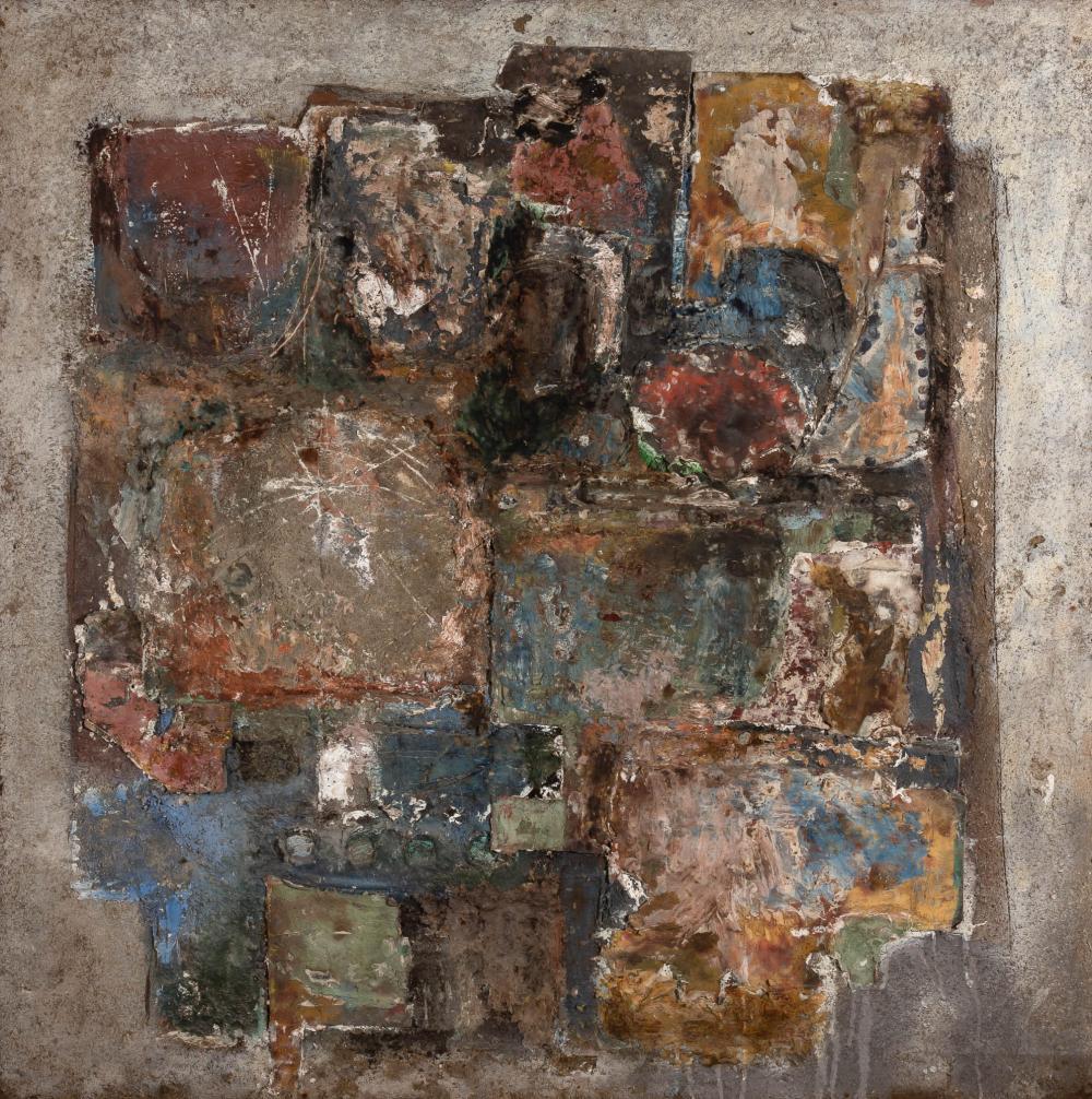 Arseniye Trboyevich 20th Century Untitled: Arseniye Trboyevich 20th Century Untitled Signed Arseniye Trboyevich on the stretcher Mixed media with oil and collage on Masonite 48 x 48 inches Provenance: Galerie Internationale, New York Thence by