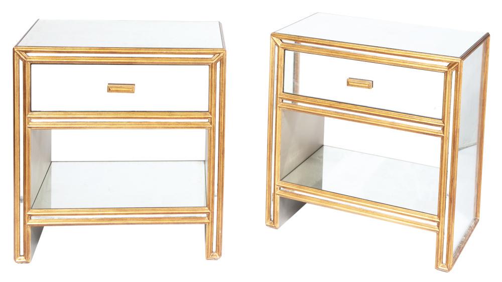 Pair of Mirrored, Parcel-Gilt and Silvered Bedside: Pair of Mirrored, Parcel-Gilt and Silvered Bedside Tables Height 28 inches, width 26 inches, depth 17 inches. C