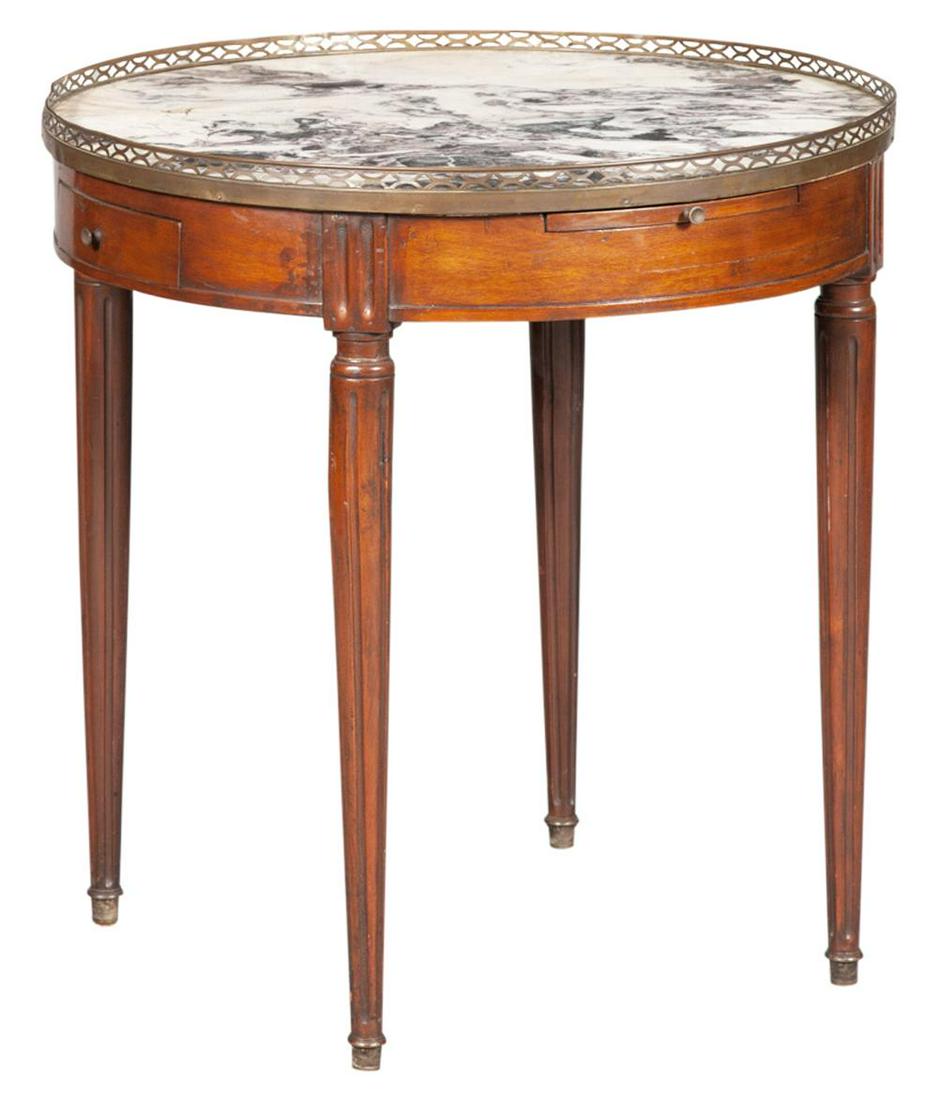 Louis XVI Style Mahogany and Marble Bouillotte Table: Louis XVI Style Mahogany and Marble Bouillotte Table Height 29 inches, diameter 27 1/2 inches. C