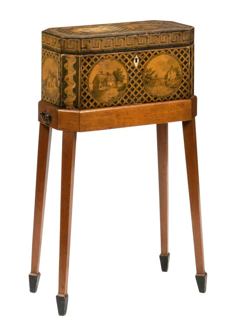 George IIII Penwork Satinwood Tea Chest on Stand: George IIII Penwork Satinwood Tea Chest on Stand Height overall 27 1/2 inches, width 13 1/2 inches, depth 7 inches. C