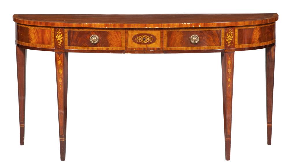 George III Style Mahogany and Marquetry Sideboard Table: George III Style Mahogany and Marquetry Sideboard Table Height 33 1/2 inches, length 66 1/4 inches, depth 22 inches. C